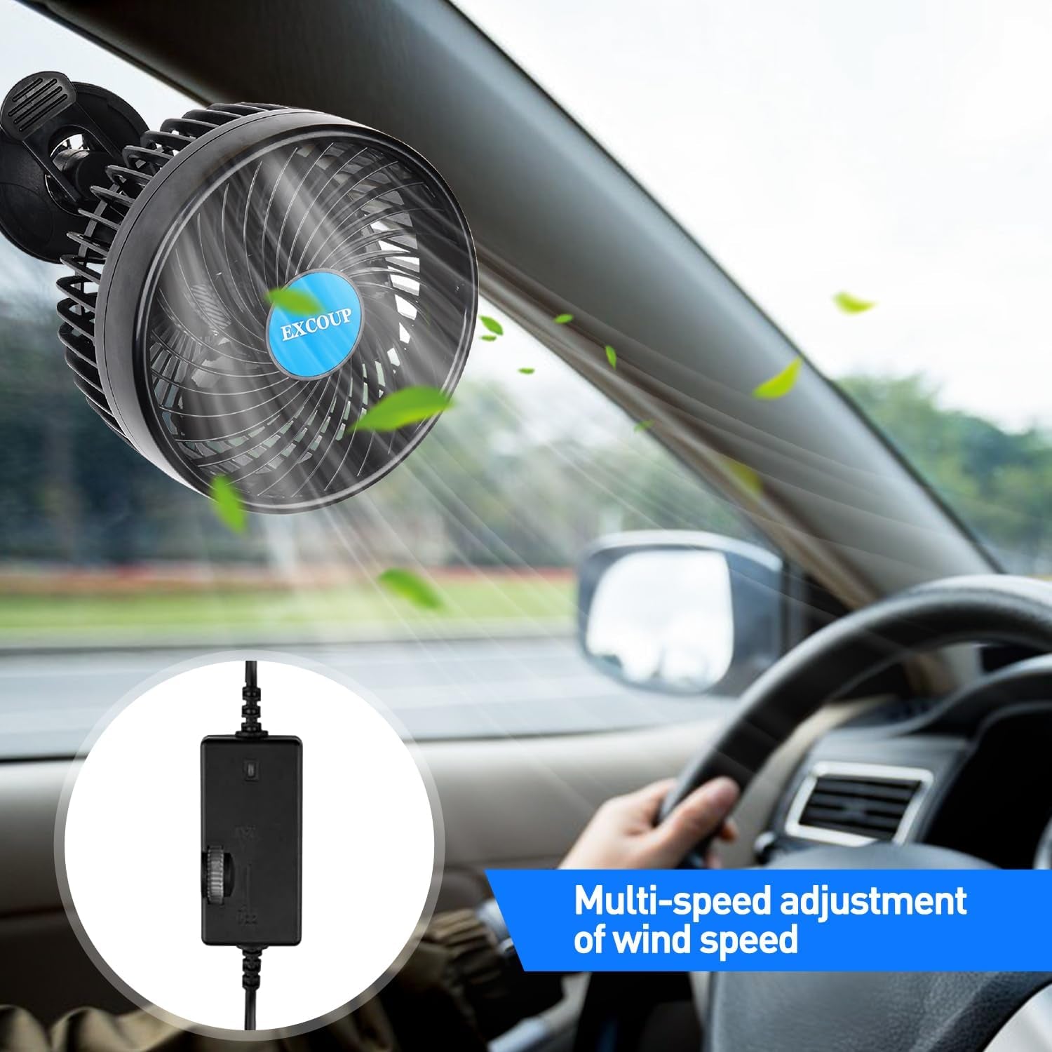 2V Car Fan, 5'' Portable Auto Cooling Fan, Adjustable Dual Head 360° Rotatable, 12 Speed Cigarette Lighter Plug & LED Display for Sedan SUV RV Boat (EX-T701E-01)