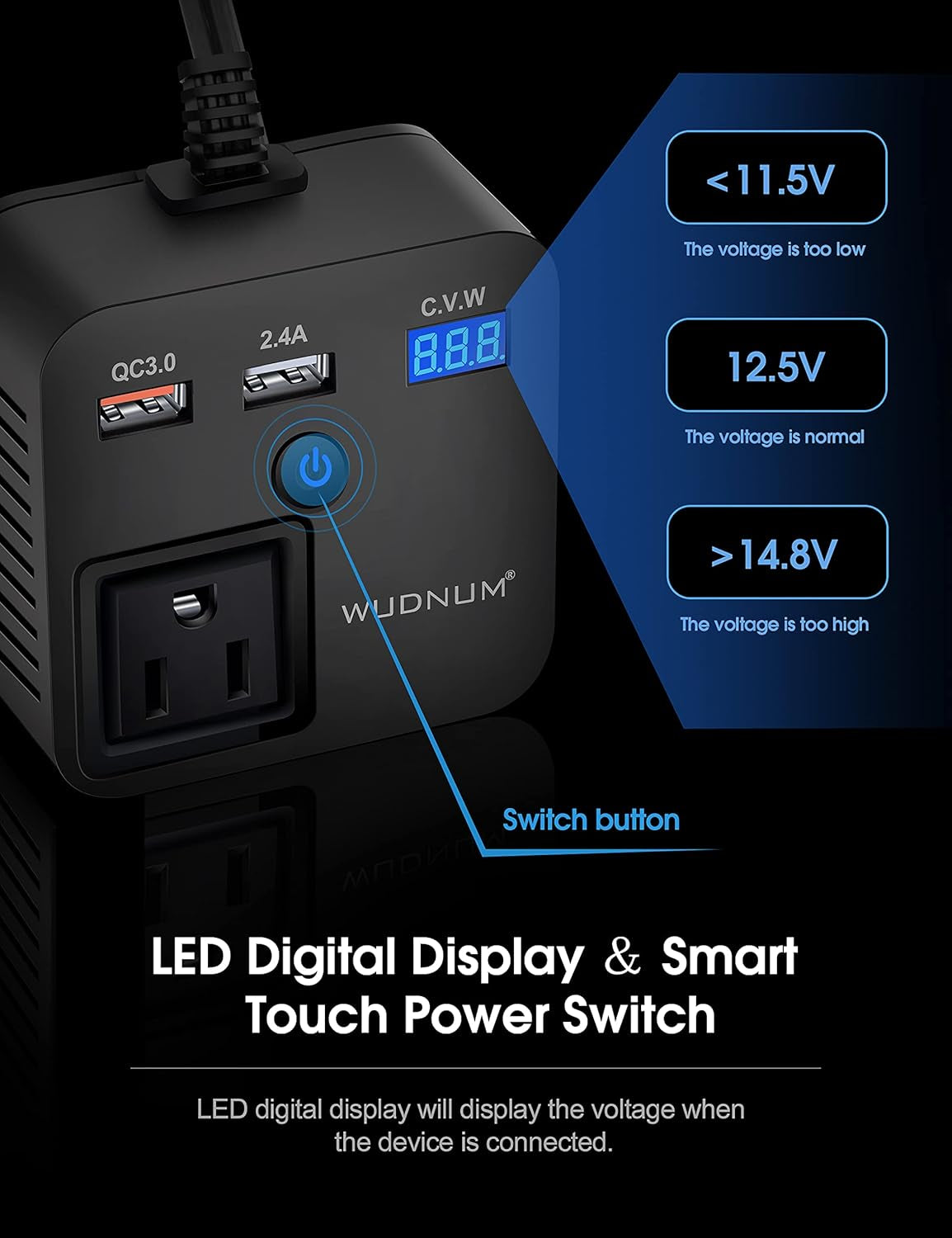 150W Car Power Inverter DC 12V to 110V AC Converter with Dual USB Charging QC3.0 + 5V 2.4A USB Car Outlet Adapter with Switch,Current LCD Screen and Cigarette Lighter Socket