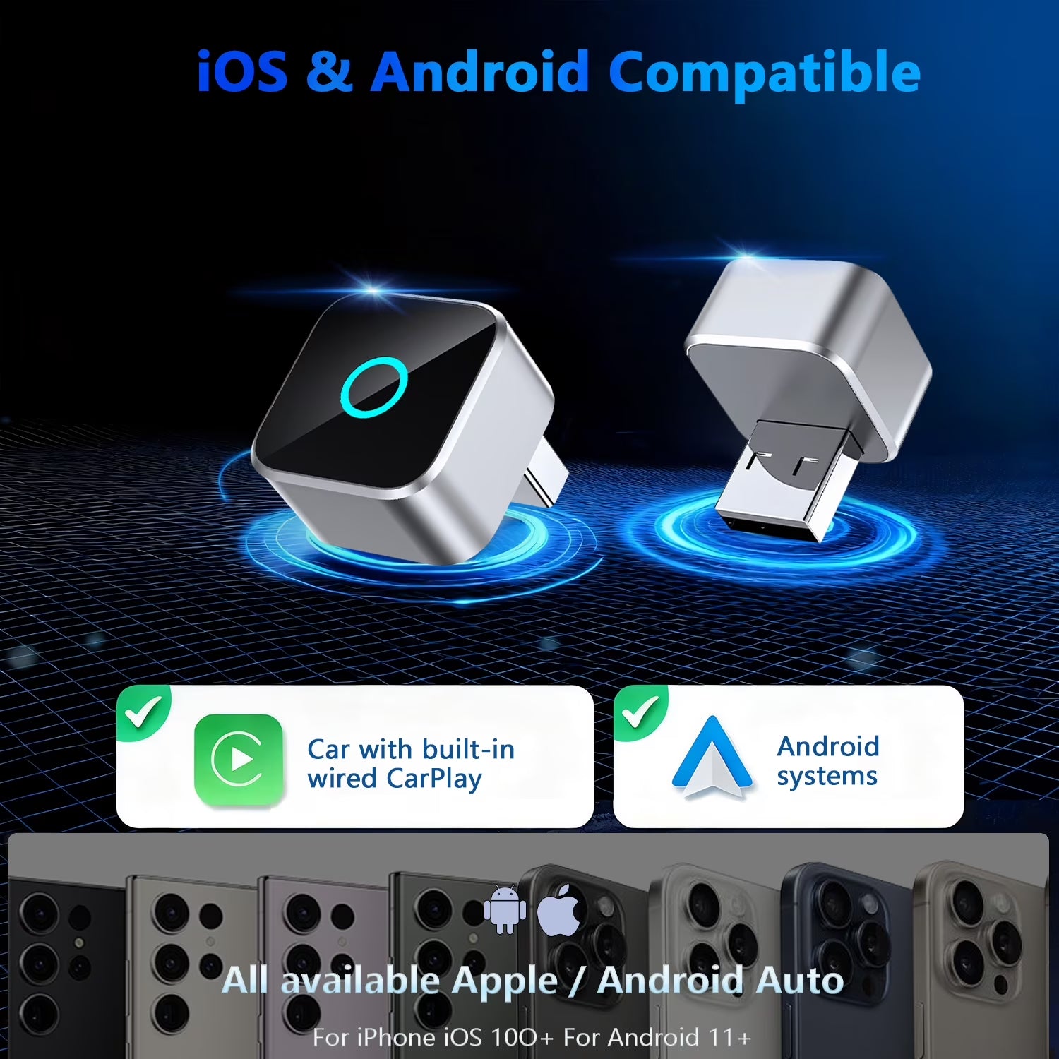 Wireless Carplay Adapter, 2-In-1 Apple Carplay and Android Auto Adapter, Convert Wired to Wireless, Plug and Play for Ios 10+ & Android 10+, Black