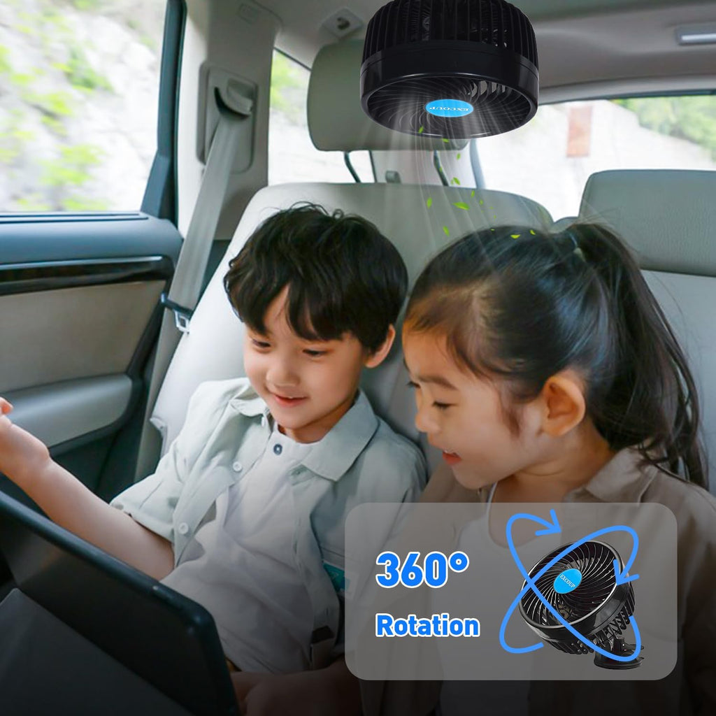 2V Car Fan, 5'' Portable Auto Cooling Fan, Adjustable Dual Head 360° Rotatable, 12 Speed Cigarette Lighter Plug & LED Display for Sedan SUV RV Boat (EX-T701E-01)