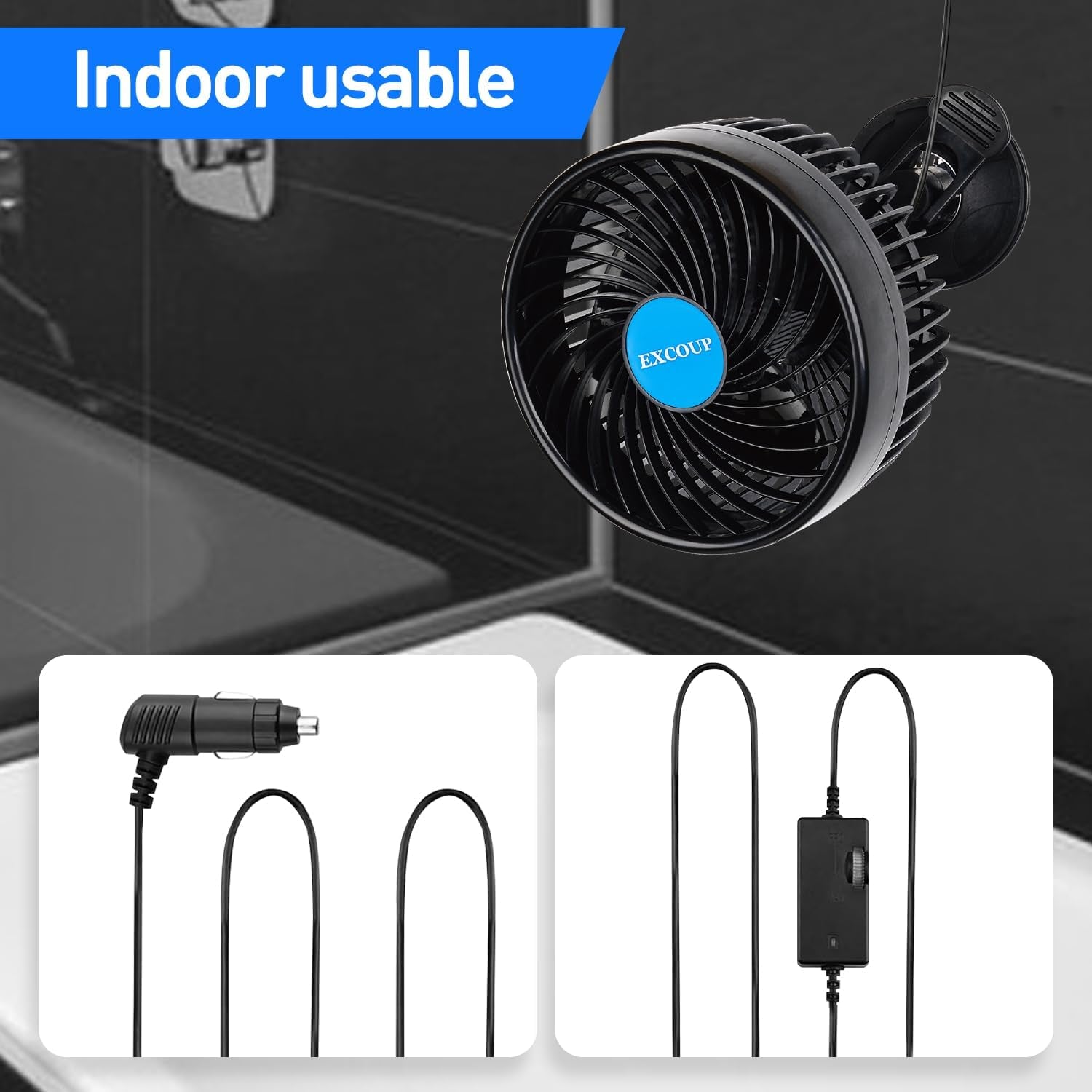 2V Car Fan, 5'' Portable Auto Cooling Fan, Adjustable Dual Head 360° Rotatable, 12 Speed Cigarette Lighter Plug & LED Display for Sedan SUV RV Boat (EX-T701E-01)