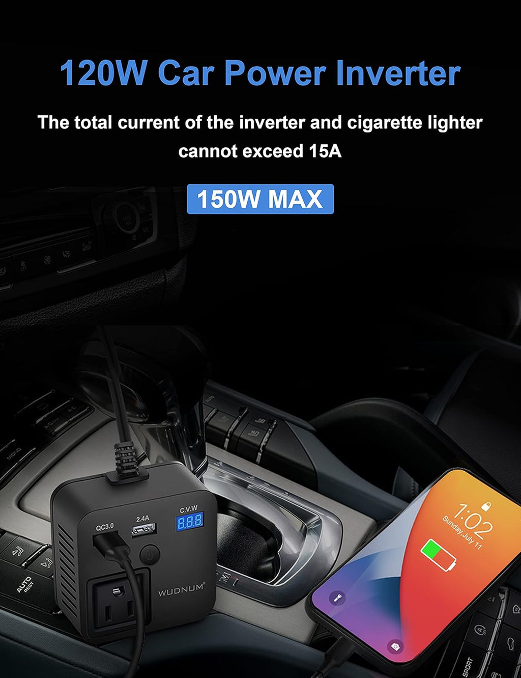 150W Car Power Inverter DC 12V to 110V AC Converter with Dual USB Charging QC3.0 + 5V 2.4A USB Car Outlet Adapter with Switch,Current LCD Screen and Cigarette Lighter Socket