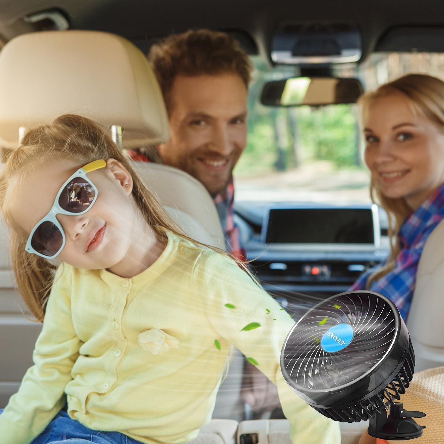 2V Car Fan, 5'' Portable Auto Cooling Fan, Adjustable Dual Head 360° Rotatable, 12 Speed Cigarette Lighter Plug & LED Display for Sedan SUV RV Boat (EX-T701E-01)