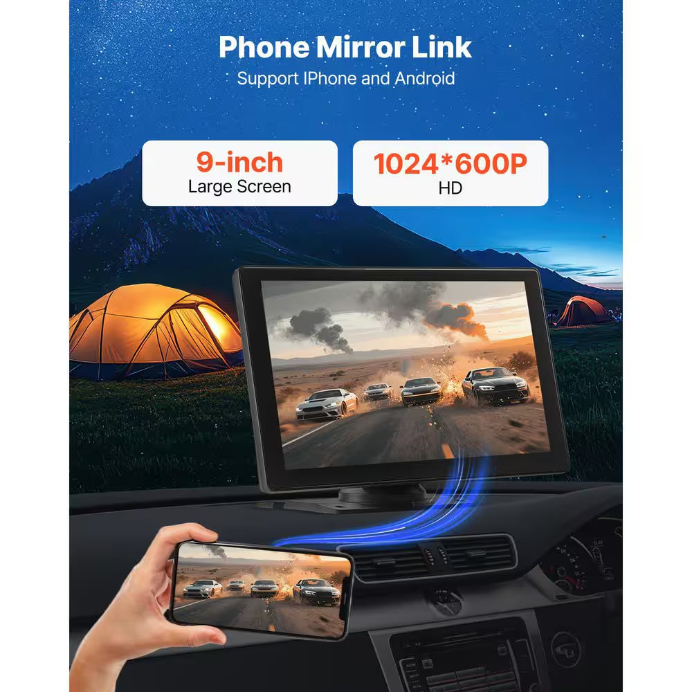 Wireless Car Stereo, 9-In. HD Portable Radio Touch Screen with Apple Carplay and Android Auto, Carplay Screen