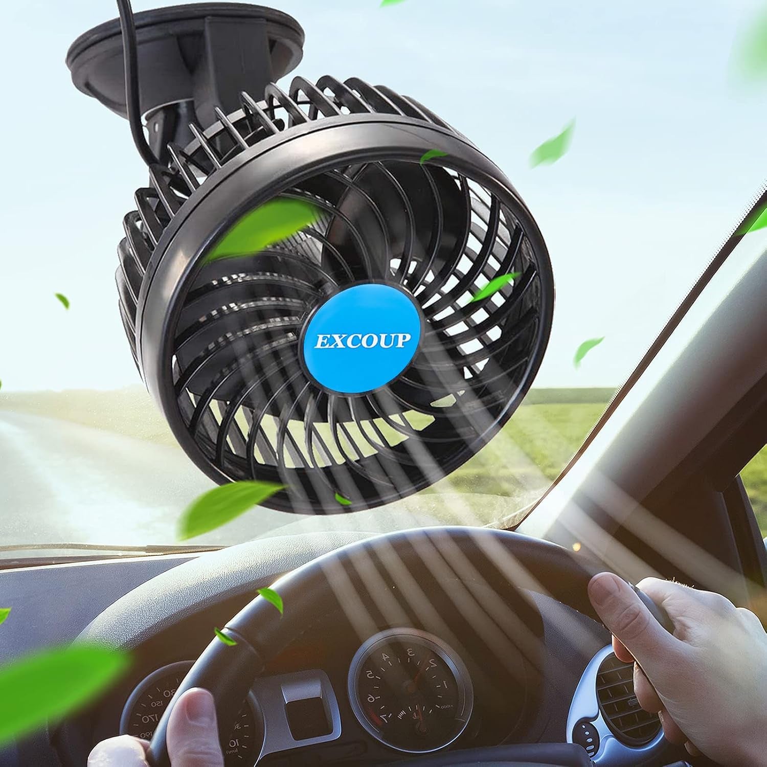 2V Car Fan, 5'' Portable Auto Cooling Fan, Adjustable Dual Head 360° Rotatable, 12 Speed Cigarette Lighter Plug & LED Display for Sedan SUV RV Boat (EX-T701E-01)