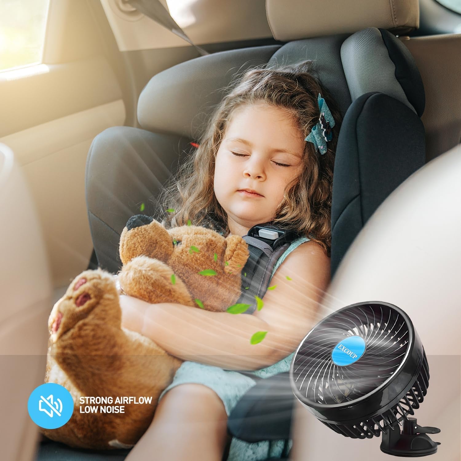 2V Car Fan, 5'' Portable Auto Cooling Fan, Adjustable Dual Head 360° Rotatable, 12 Speed Cigarette Lighter Plug & LED Display for Sedan SUV RV Boat (EX-T701E-01)