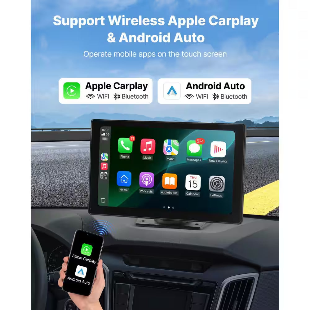 Wireless Car Stereo, 9-In. HD Portable Radio Touch Screen with Apple Carplay and Android Auto, Carplay Screen