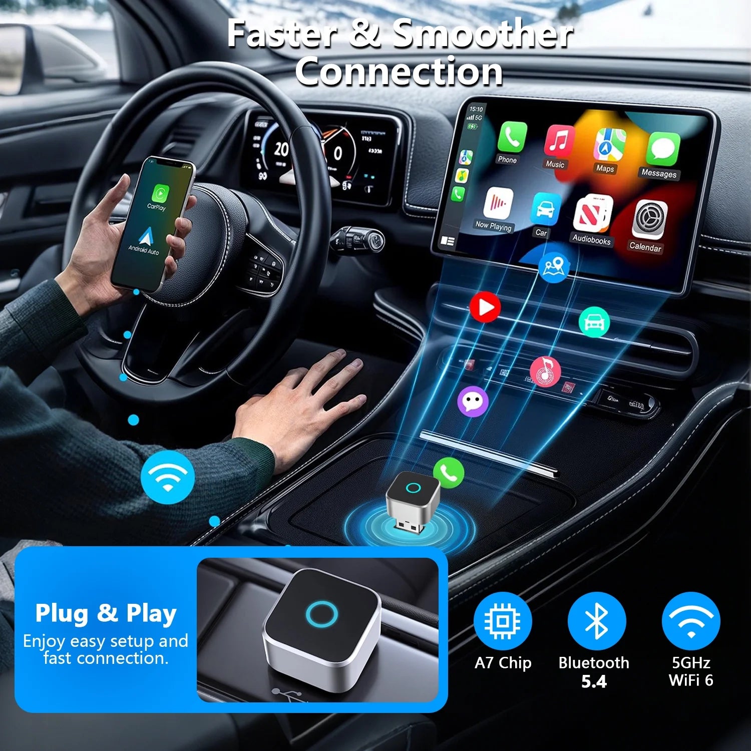 Wireless Carplay Adapter, 2-In-1 Apple Carplay and Android Auto Adapter, Convert Wired to Wireless, Plug and Play for Ios 10+ & Android 10+, Black