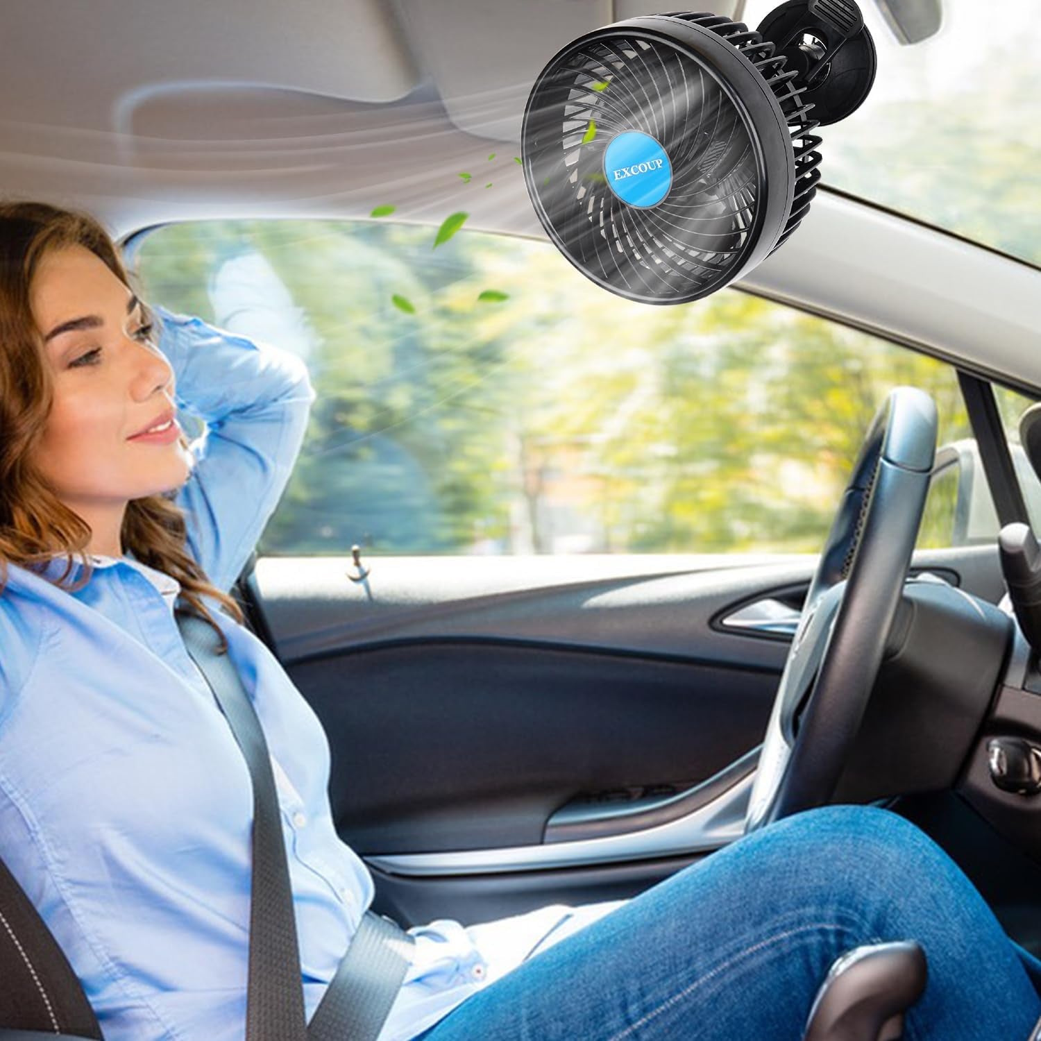 2V Car Fan, 5'' Portable Auto Cooling Fan, Adjustable Dual Head 360° Rotatable, 12 Speed Cigarette Lighter Plug & LED Display for Sedan SUV RV Boat (EX-T701E-01)